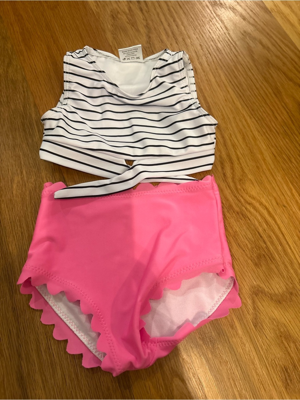 Girls' Pink Scallop-Trim Swim Set with Striped Top